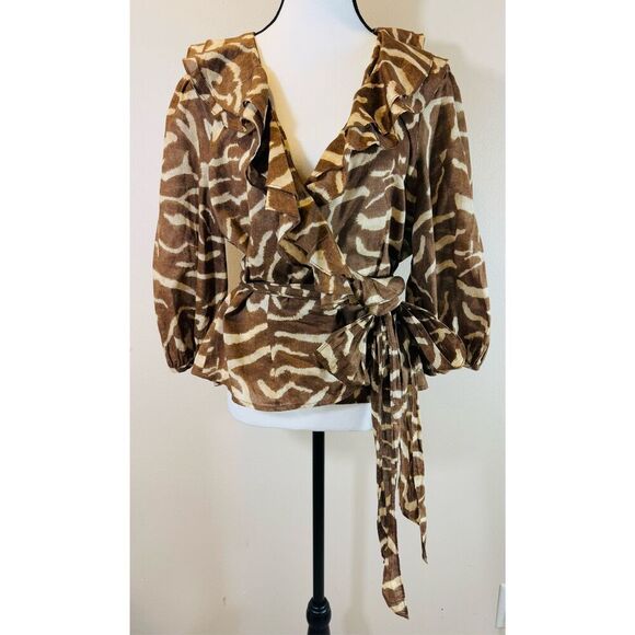LRL Lauren Jeans Co. Women’s XL Brown Animal Print Ruffle V-Neck Wrap Blouse - Picture 1 of 9
